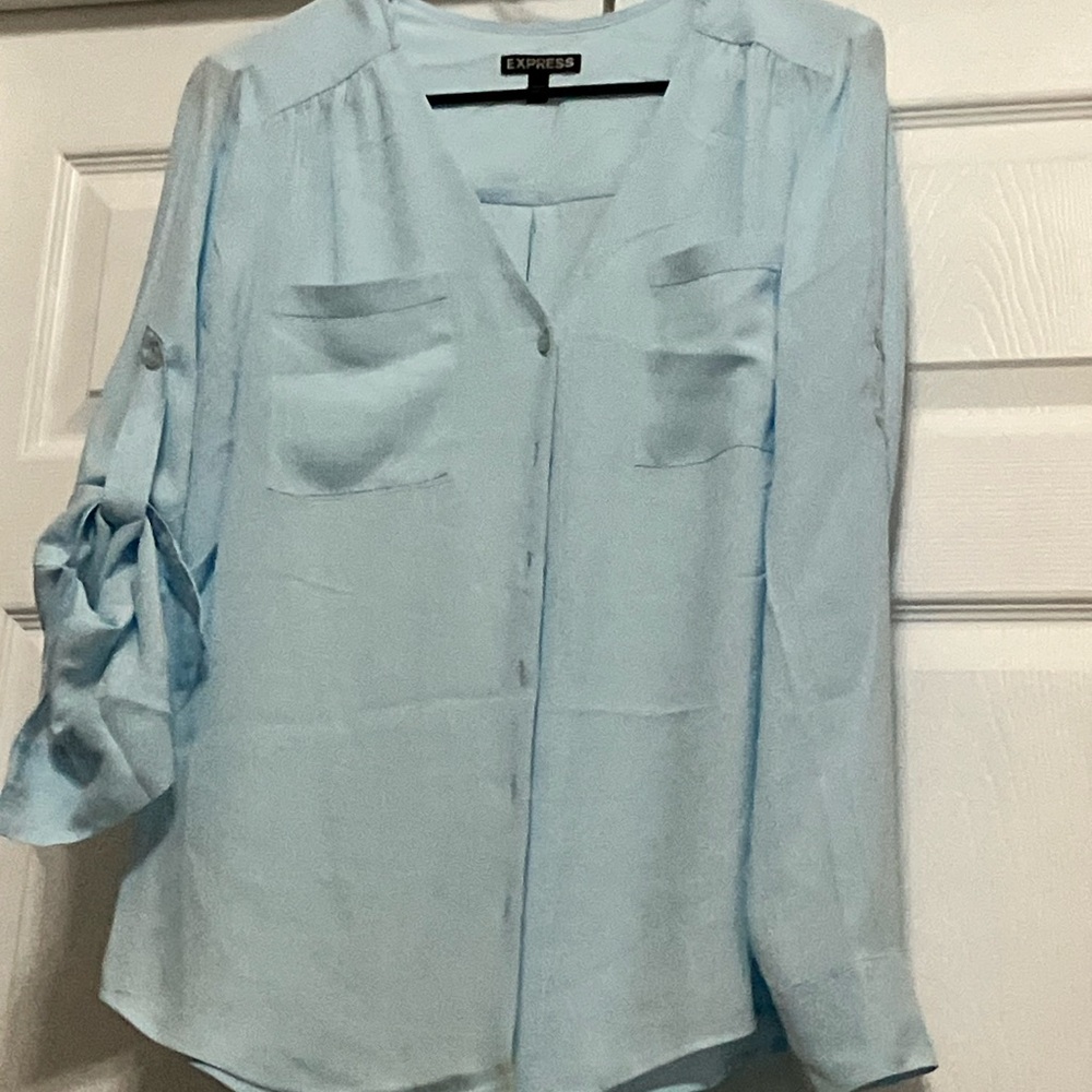 Express Pale Blue V-Neck Button-Front Blouse